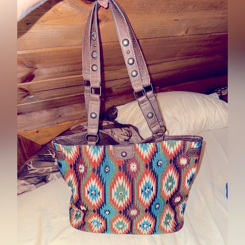 JUSTIN CARRY CONCEAL PURSE Colorful Patterned Tote Bag LEATHER Fabric Swarovski